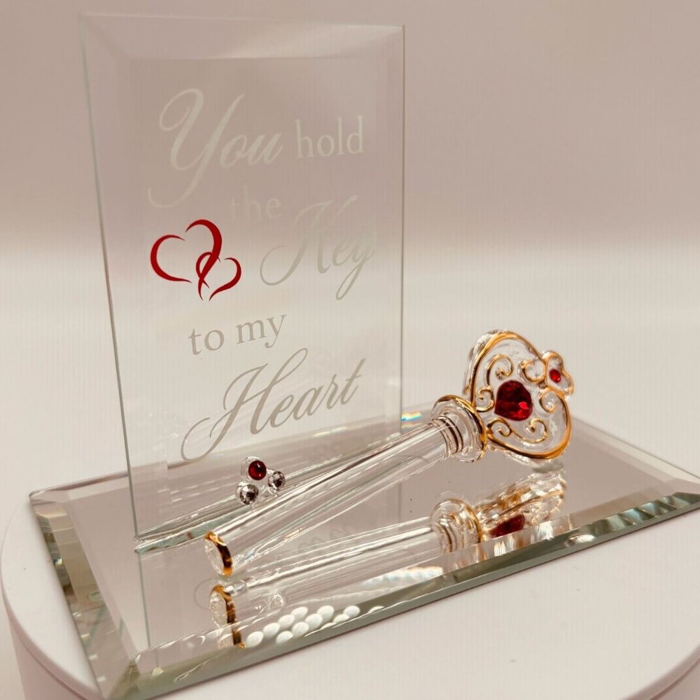 Key to My Heart Glass Figurine with Crystal Accent on Mirror Base Gift